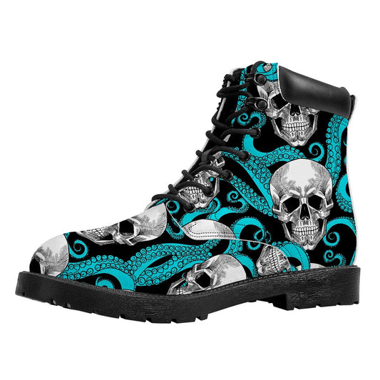 Octopus Tentacles Skull Pattern Print Work Boots