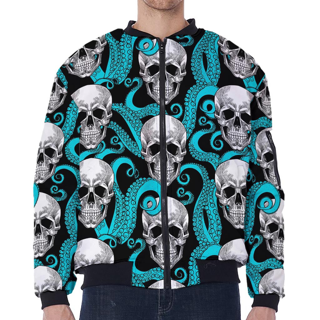 Octopus Tentacles Skull Pattern Print Zip Sleeve Bomber Jacket