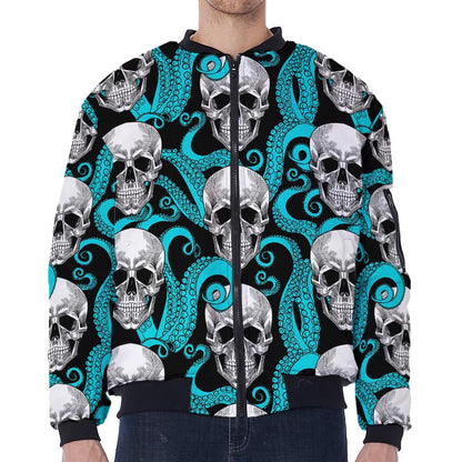 Octopus Tentacles Skull Pattern Print Zip Sleeve Bomber Jacket