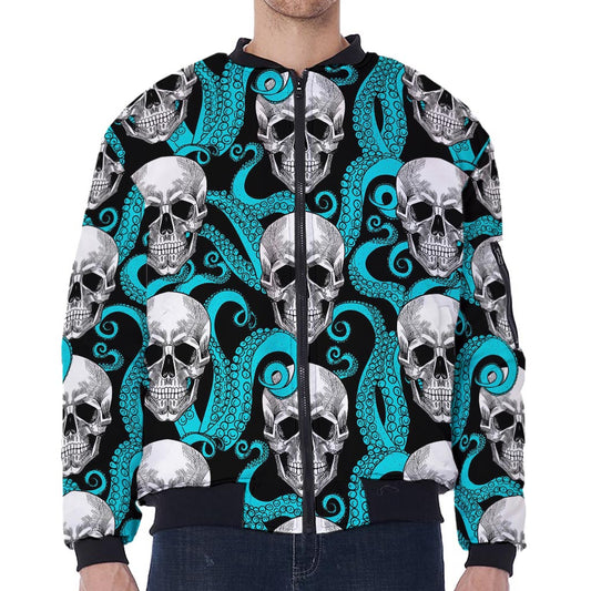 Octopus Tentacles Skull Pattern Print Zip Sleeve Bomber Jacket