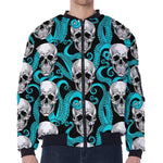 Octopus Tentacles Skull Pattern Print Zip Sleeve Bomber Jacket