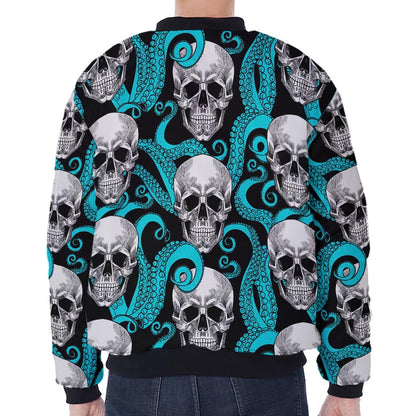 Octopus Tentacles Skull Pattern Print Zip Sleeve Bomber Jacket
