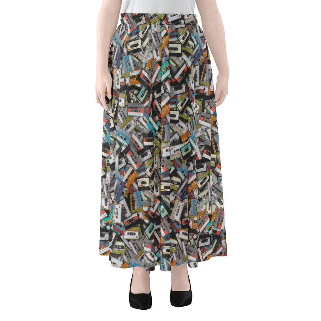 Old Cassette Tape Print Chiffon Maxi Skirt