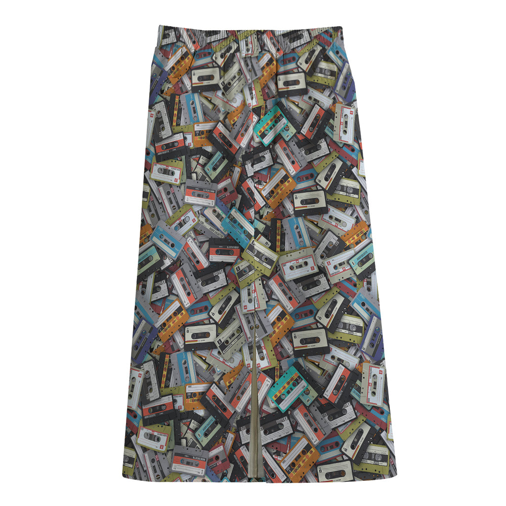 Old Cassette Tape Print Cotton Front Slit Maxi Skirt