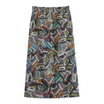 Old Cassette Tape Print Cotton Front Slit Maxi Skirt