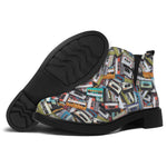 Old Cassette Tape Print Flat Ankle Boots