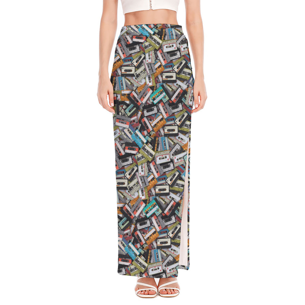 Old Cassette Tape Print High Slit Maxi Skirt