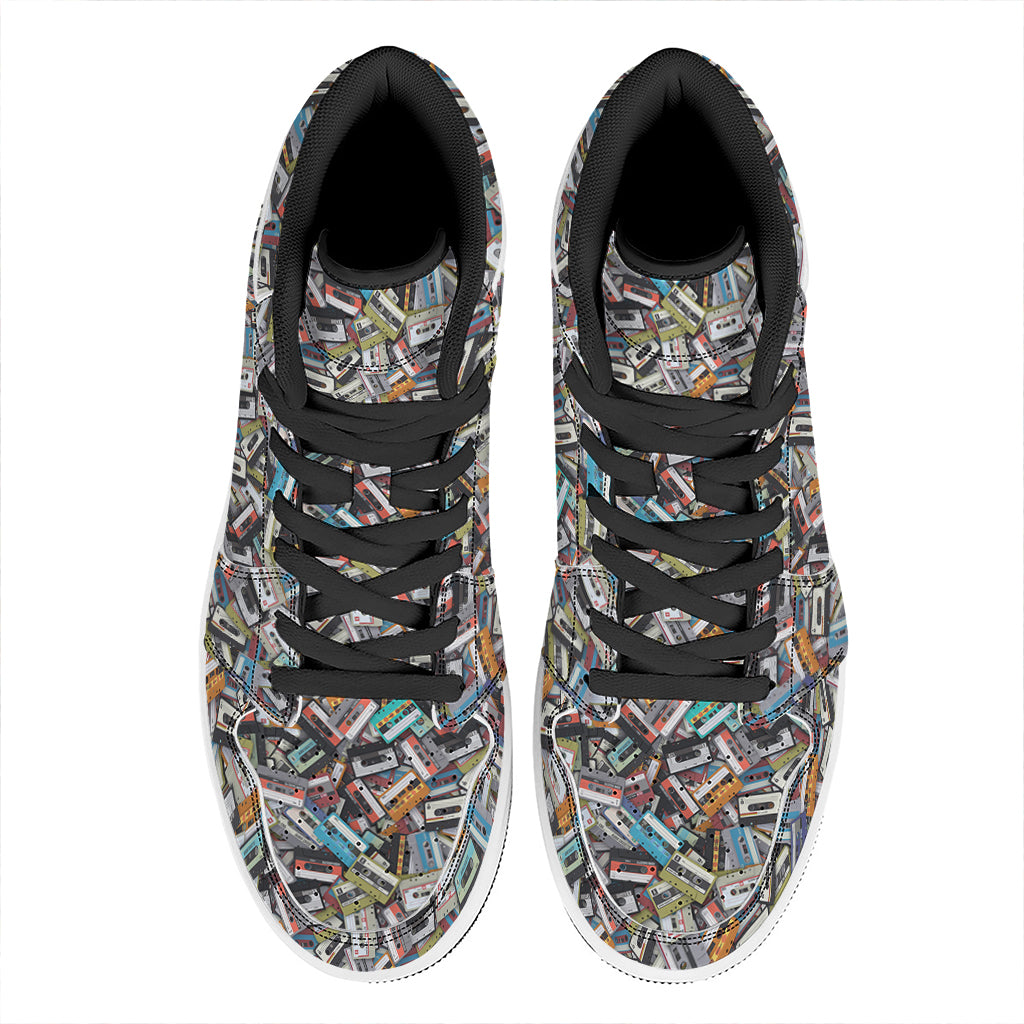 Old Cassette Tape Print High Top Leather Sneakers