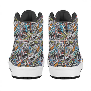 Old Cassette Tape Print High Top Leather Sneakers