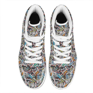 Old Cassette Tape Print High Top Leather Sneakers