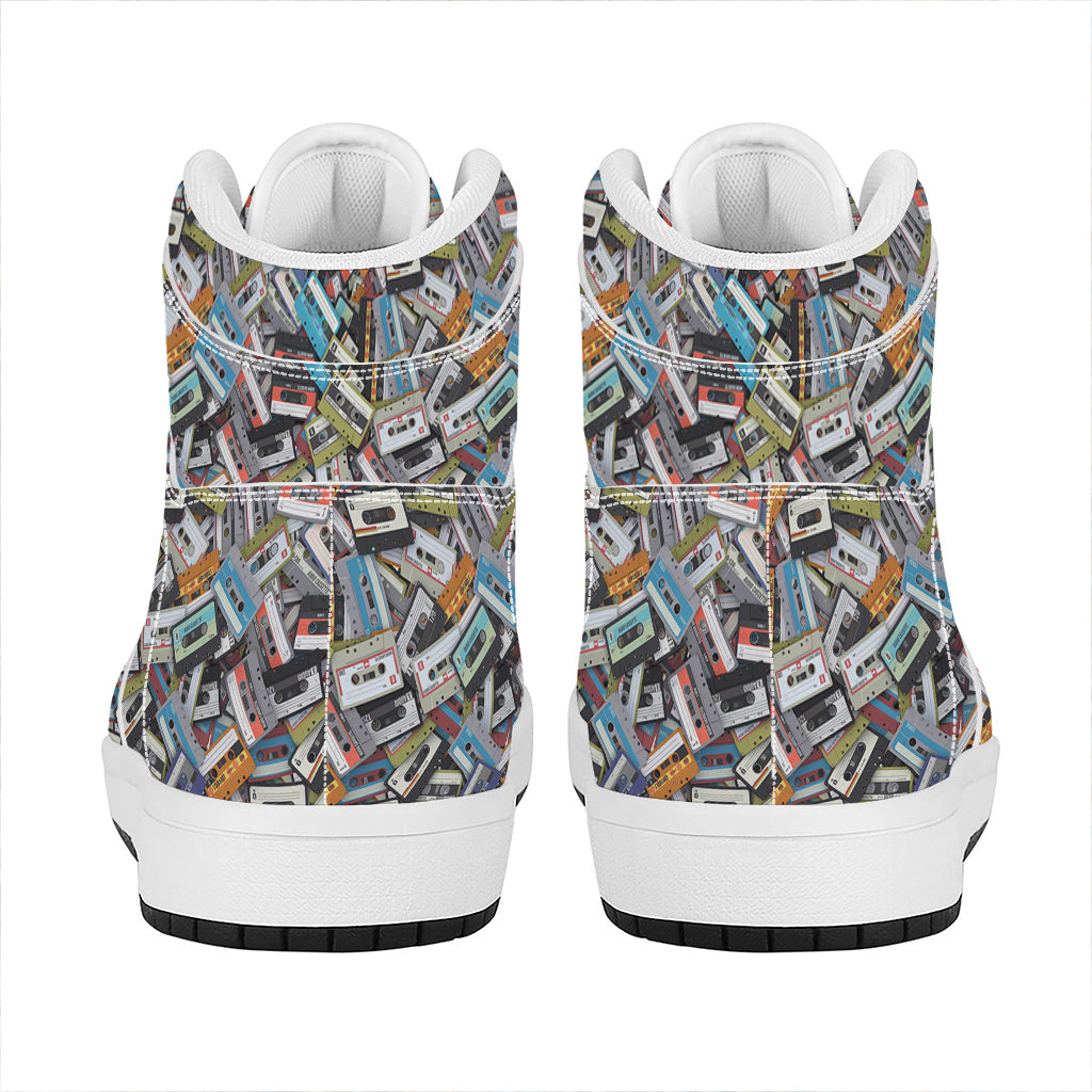 Old Cassette Tape Print High Top Leather Sneakers