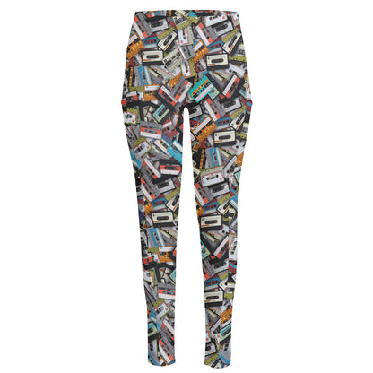 Old Cassette Tape Print High-Waisted Pocket Leggings