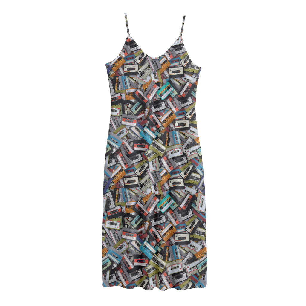 Old Cassette Tape Print Jersey Midi Cami Dress