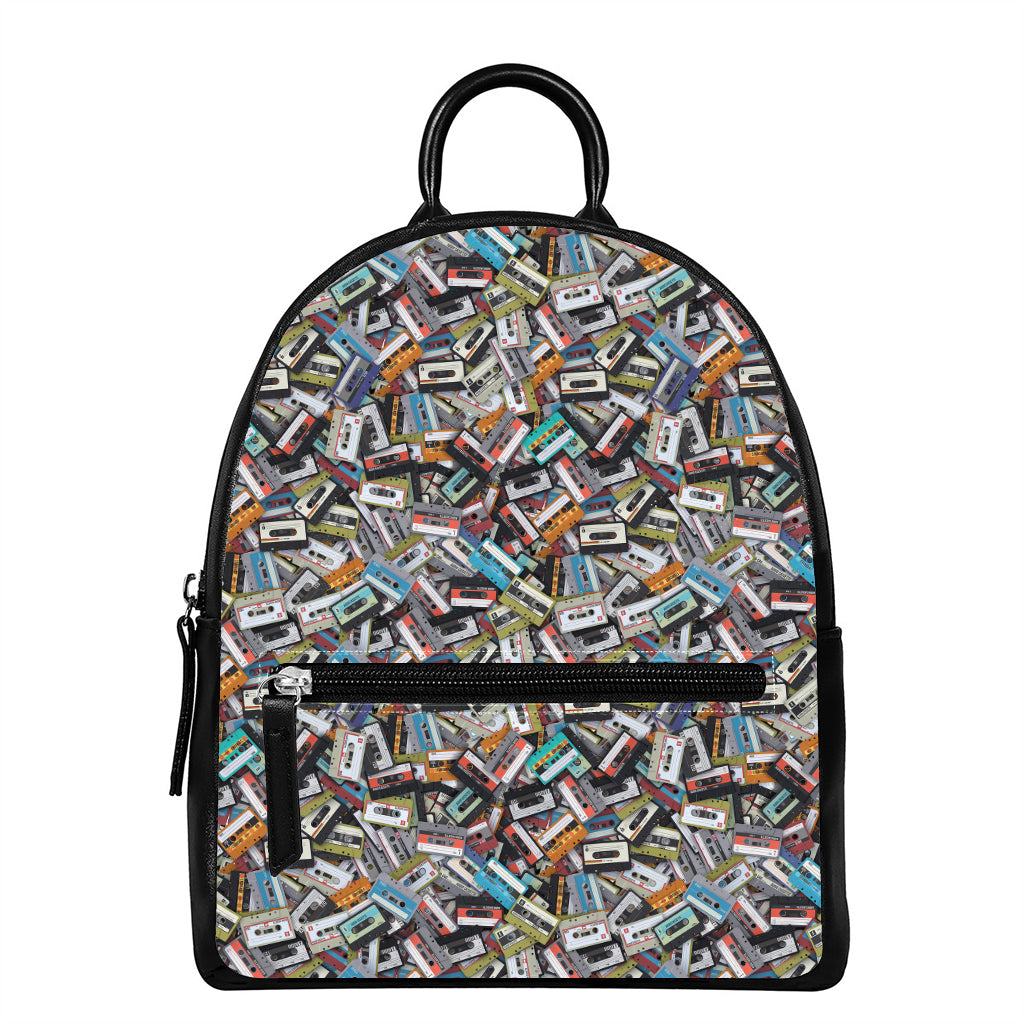 Old Cassette Tape Print Leather Backpack