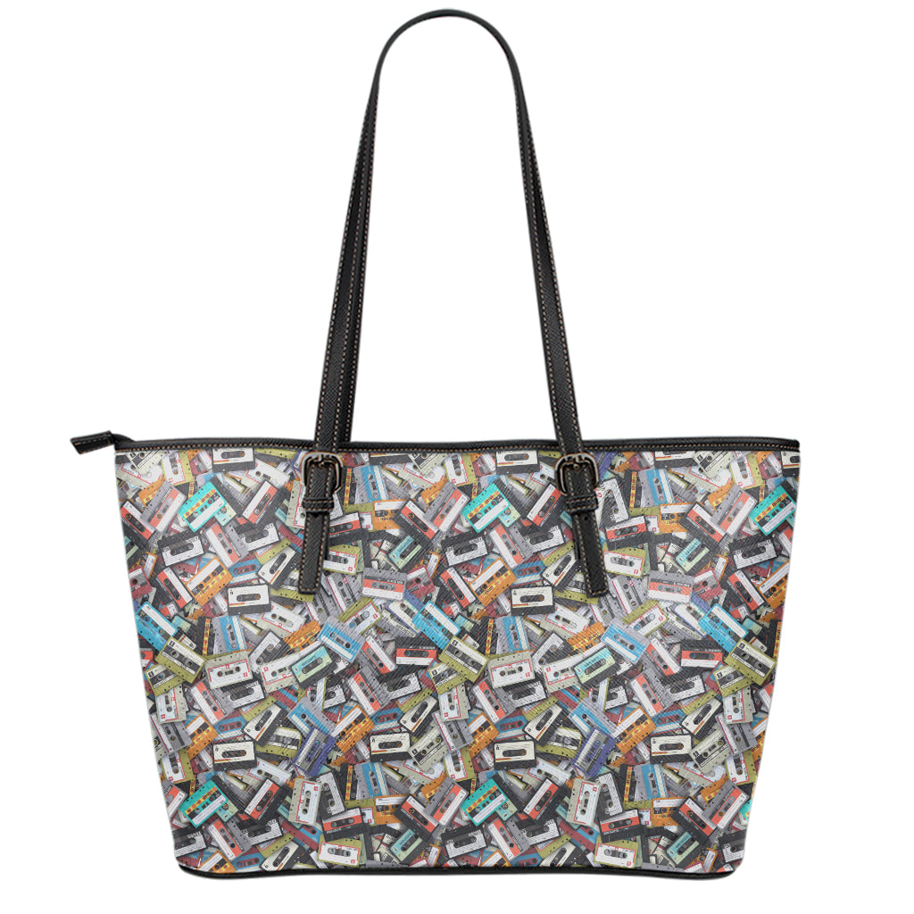 Old Cassette Tape Print Leather Tote Bag