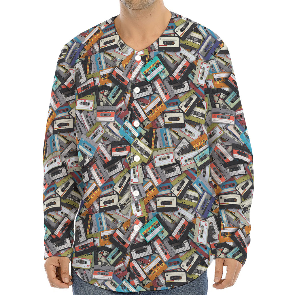 Old Cassette Tape Print Long Sleeve Baseball Jersey