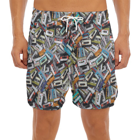 Old Cassette Tape Print Men's Split Running Shorts