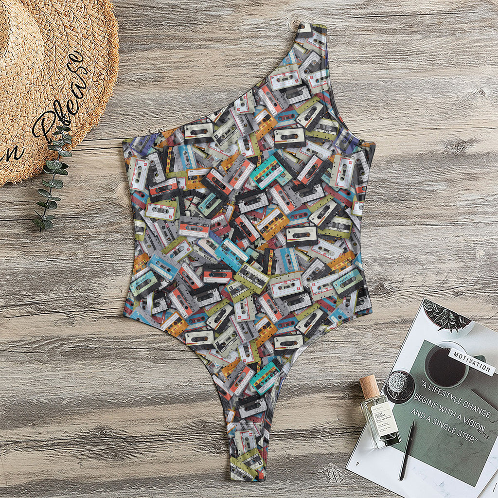 Old Cassette Tape Print One Shoulder Bodysuit
