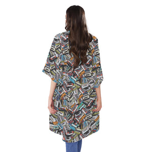 Old Cassette Tape Print Open Front Beach Cover Up