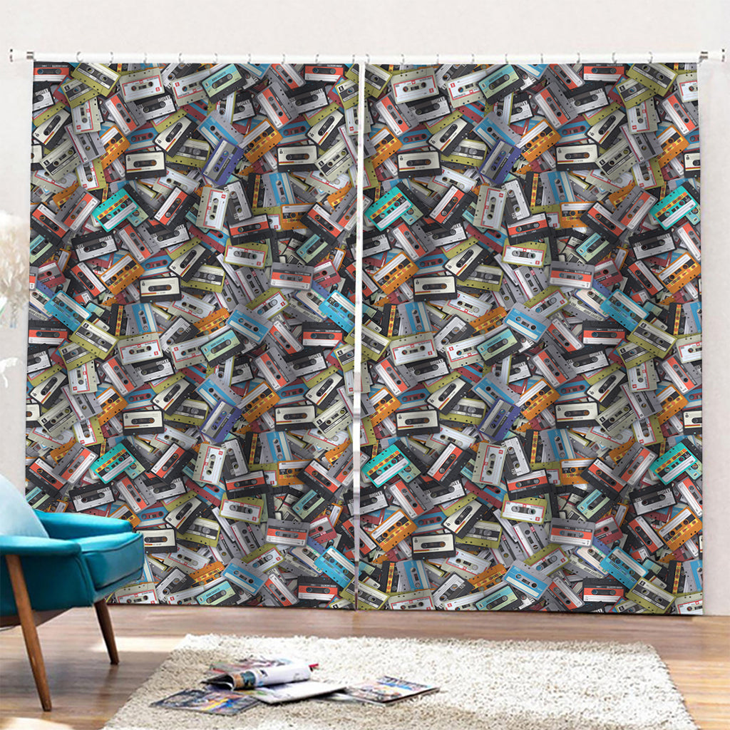 Old Cassette Tape Print Pencil Pleat Curtains