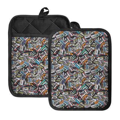 Old Cassette Tape Print Pot Holders With Pocket