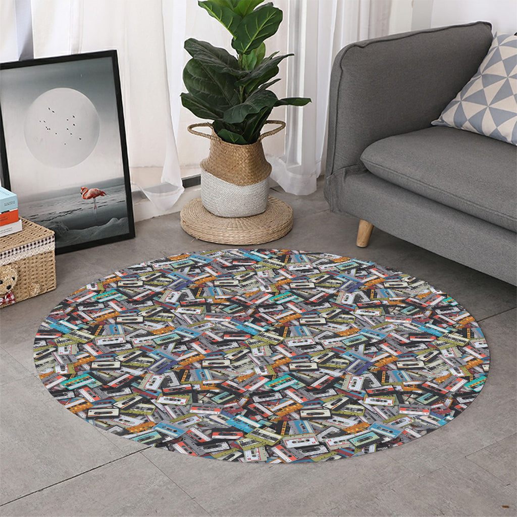 Old Cassette Tape Print Round Rug