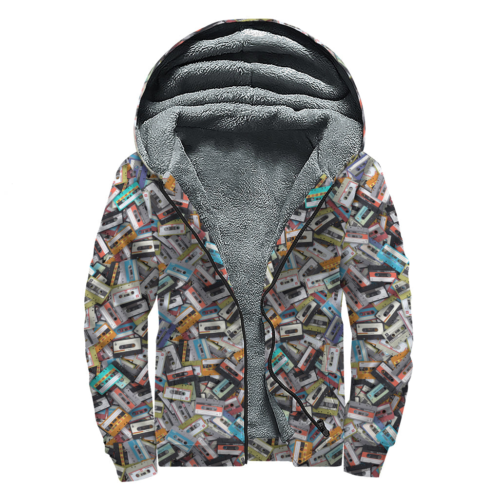 Old Cassette Tape Print Sherpa Lined Zip Up Hoodie