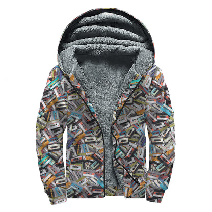 Old Cassette Tape Print Sherpa Lined Zip Up Hoodie
