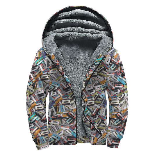 Old Cassette Tape Print Sherpa Lined Zip Up Hoodie