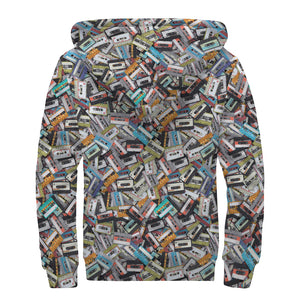 Old Cassette Tape Print Sherpa Lined Zip Up Hoodie