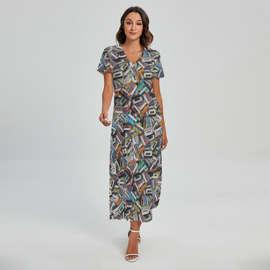 Old Cassette Tape Print Short Sleeve Maxi Dress