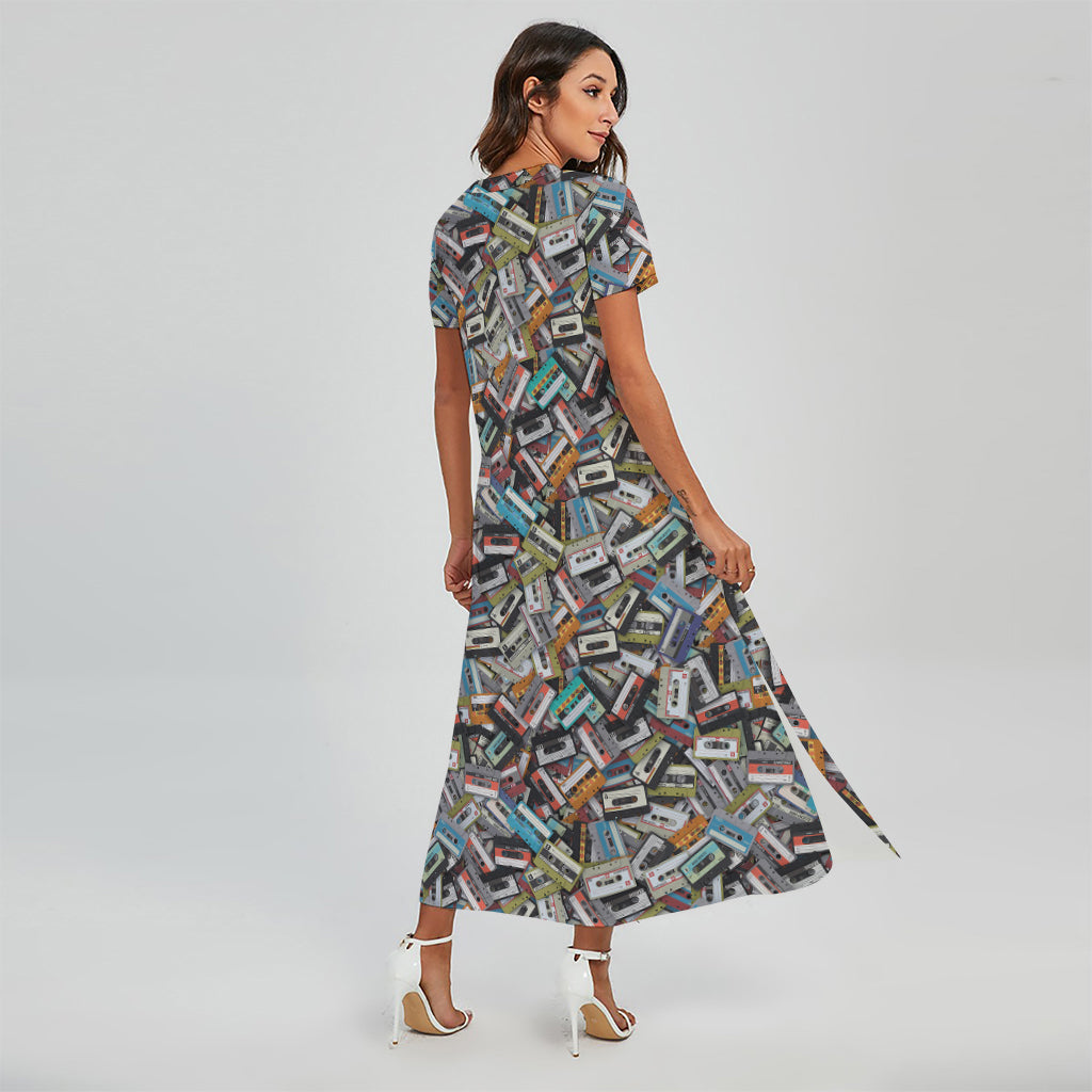 Old Cassette Tape Print Short Sleeve Maxi Dress