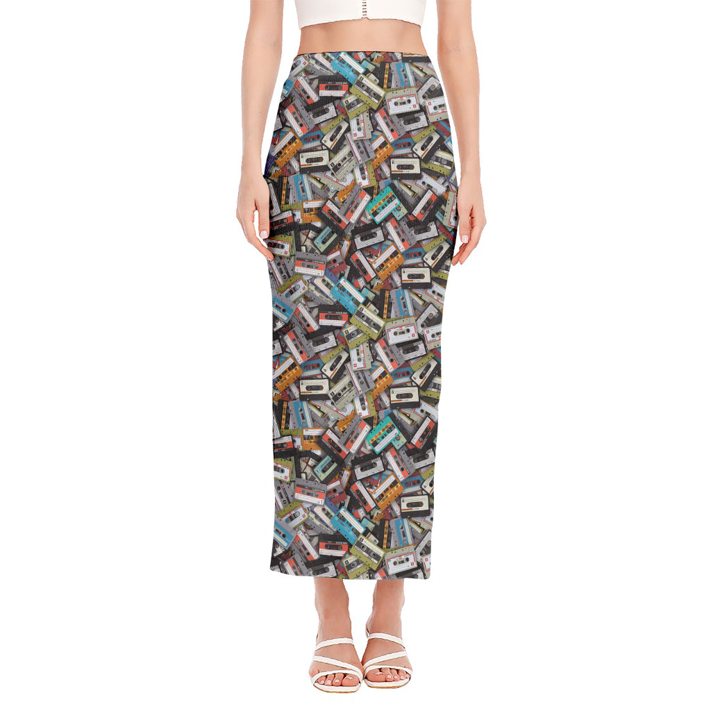 Old Cassette Tape Print Side Slit Maxi Skirt