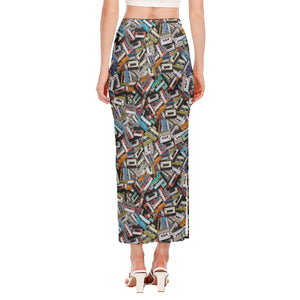 Old Cassette Tape Print Side Slit Maxi Skirt