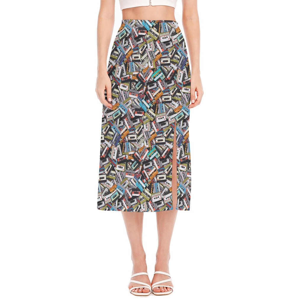 Old Cassette Tape Print Side Slit Midi Skirt