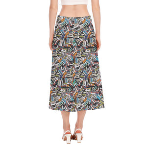 Old Cassette Tape Print Side Slit Midi Skirt