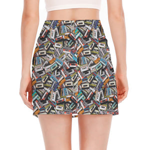 Old Cassette Tape Print Side Slit Mini Skirt