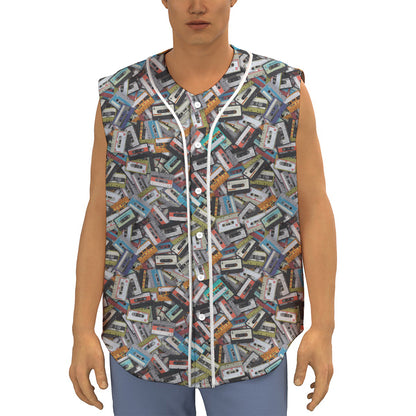 Old Cassette Tape Print Sleeveless Baseball Jersey