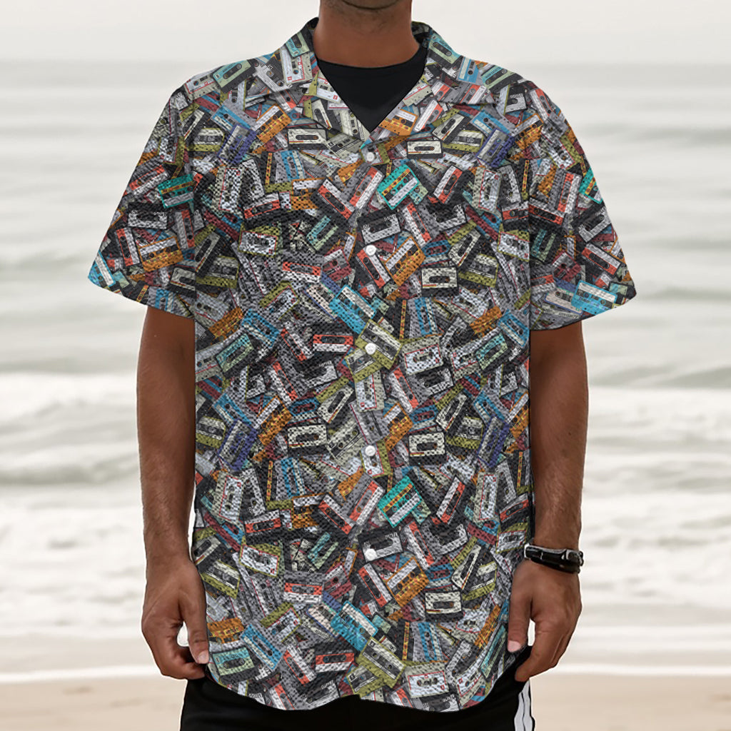 Old Cassette Tape Print Textured Short Sleeve Shirt