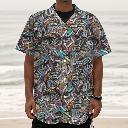 Old Cassette Tape Print Textured Short Sleeve Shirt