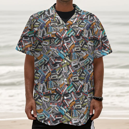 Old Cassette Tape Print Textured Short Sleeve Shirt