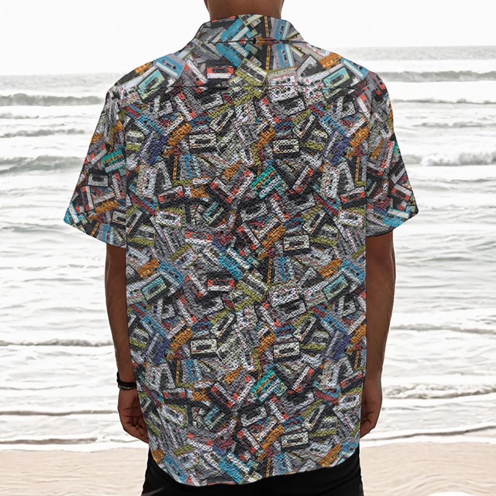 Old Cassette Tape Print Textured Short Sleeve Shirt