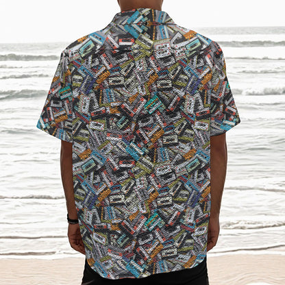 Old Cassette Tape Print Textured Short Sleeve Shirt