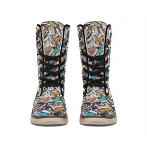 Old Cassette Tape Print Winter Boots