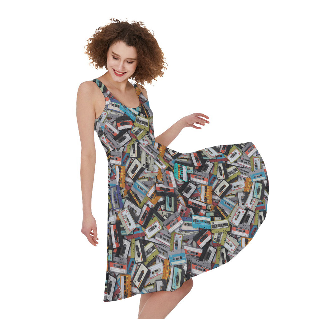 Old Cassette Tape Print Women's Sleeveless Dress