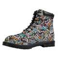 Old Cassette Tape Print Padded Collar Lace Up Boots