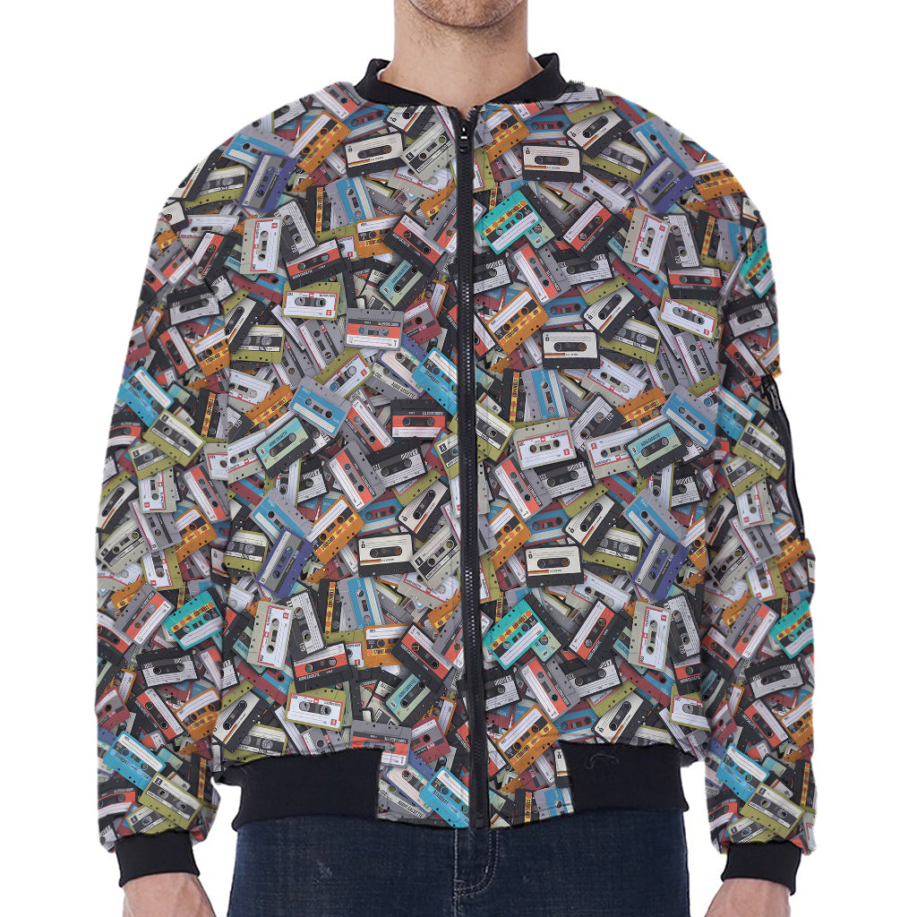 Old Cassette Tape Print Zip Sleeve Bomber Jacket