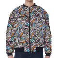 Old Cassette Tape Print Zip Sleeve Bomber Jacket