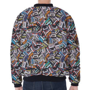 Old Cassette Tape Print Zip Sleeve Bomber Jacket