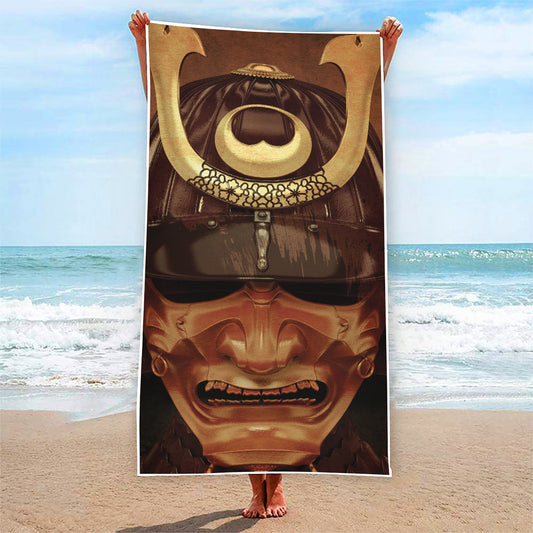 Old Japanese Samurai Mask Print Beach Towel